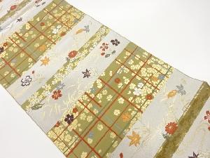 横段に花々・格子模様織出し袋帯